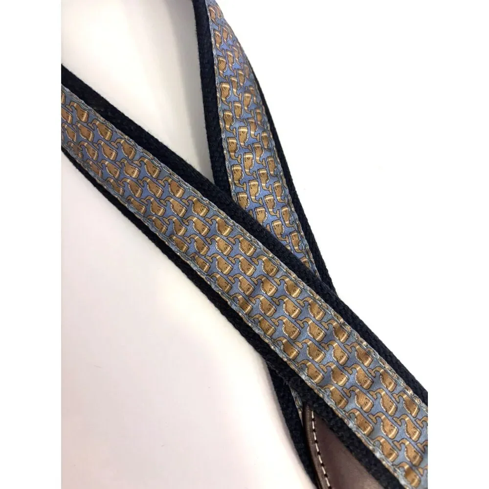 Vineyard Vines Whale Canvas Leather Belt Size 32 Navy Blue Brown Preppy